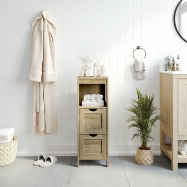 BizChair Farmhouse Bathroom Storage Organizer with Two Removable Drawers and Open Display Shelf in Brown
