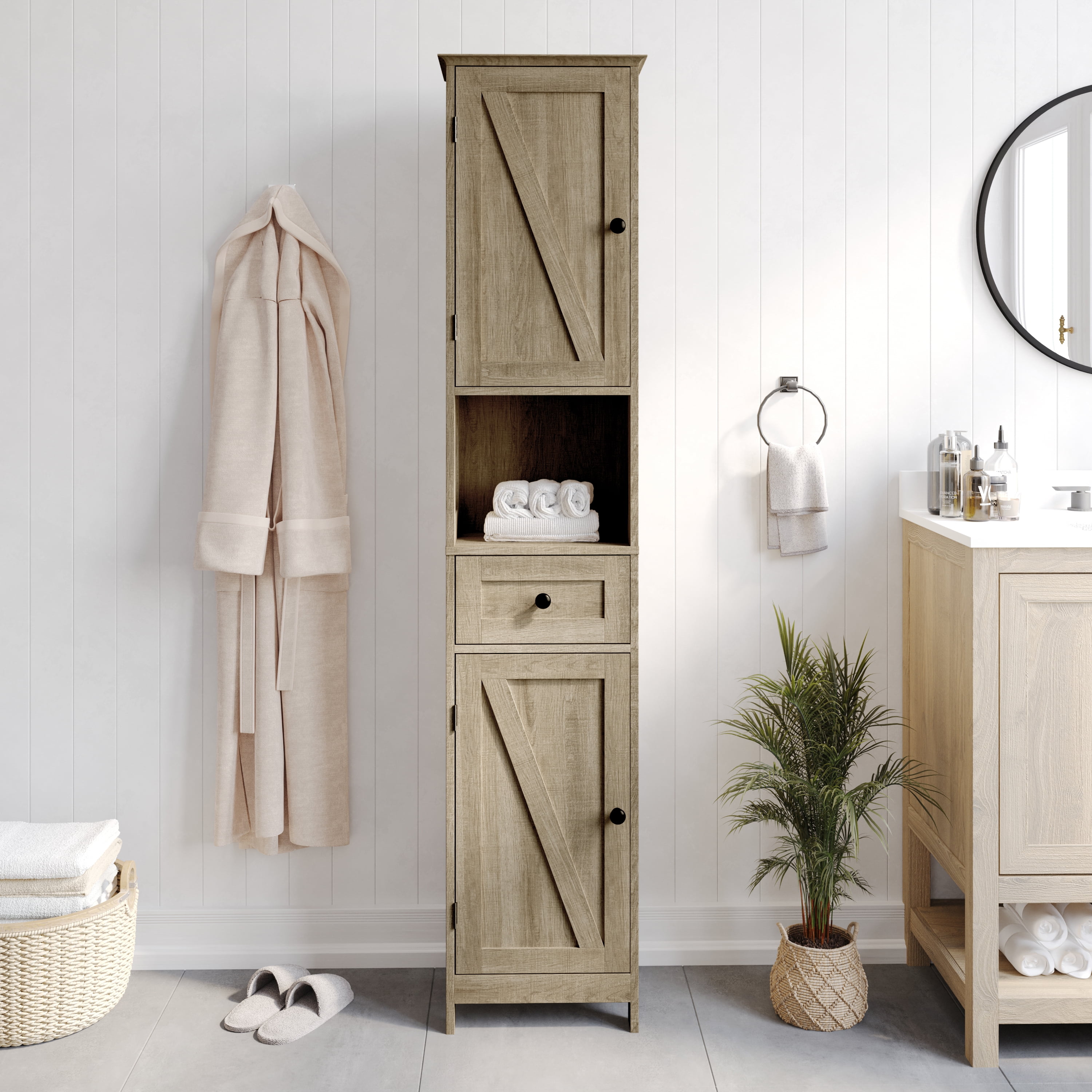 BizChair Farmhouse Freestanding Bathroom Linen Tower Storage Cabinet with Magnetic Close Doors 2 Adjustable Shelves Open Display Shelf Drawer in Brown Walmart