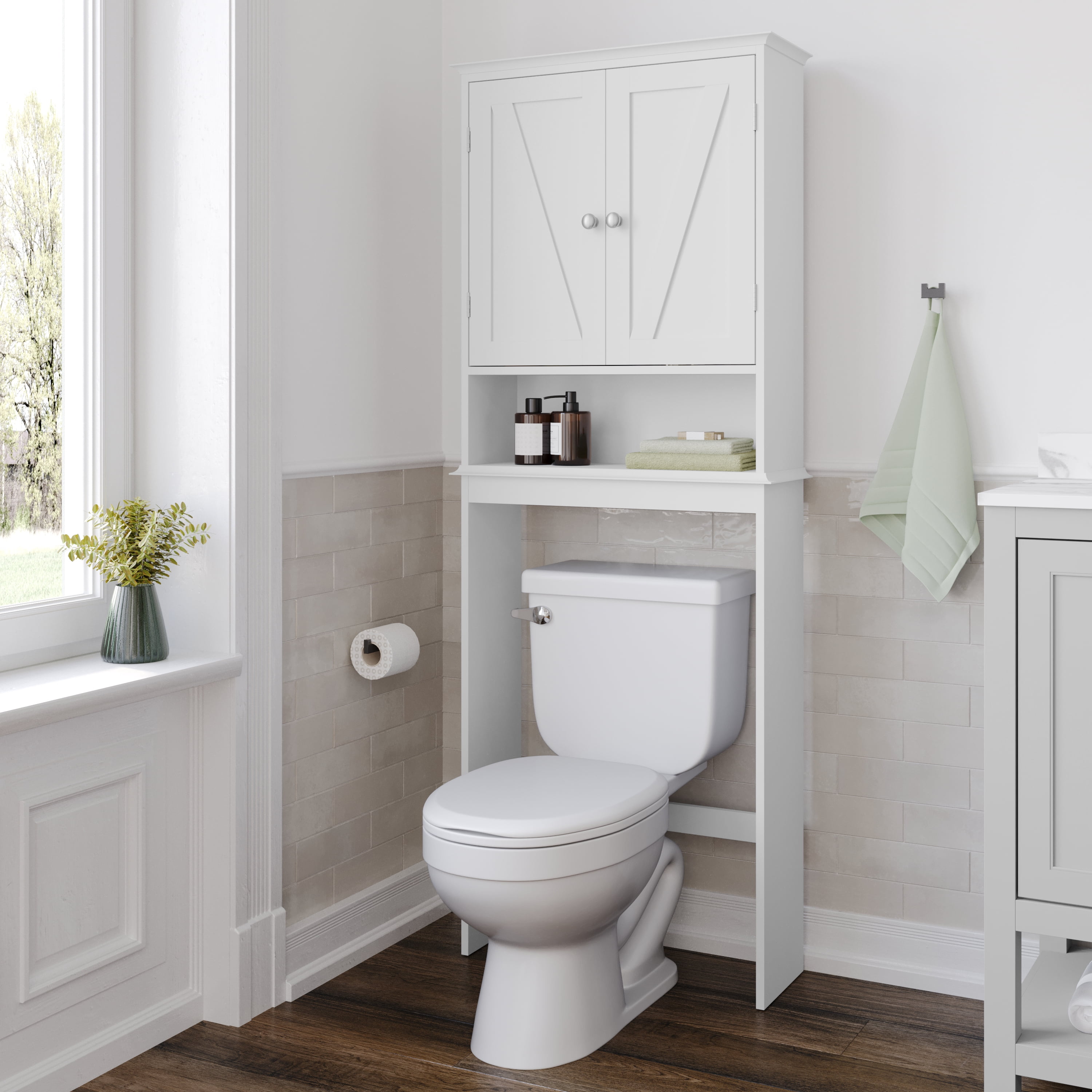 BizChair Farmhouse Over the Toilet Shelf Cabinet, Magnetic Close Doors ...