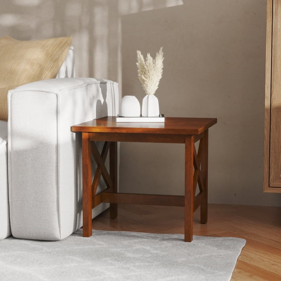 BizChair Farmhouse Style Solid Wood End Table with Traditional X-Frame Design in Walnut