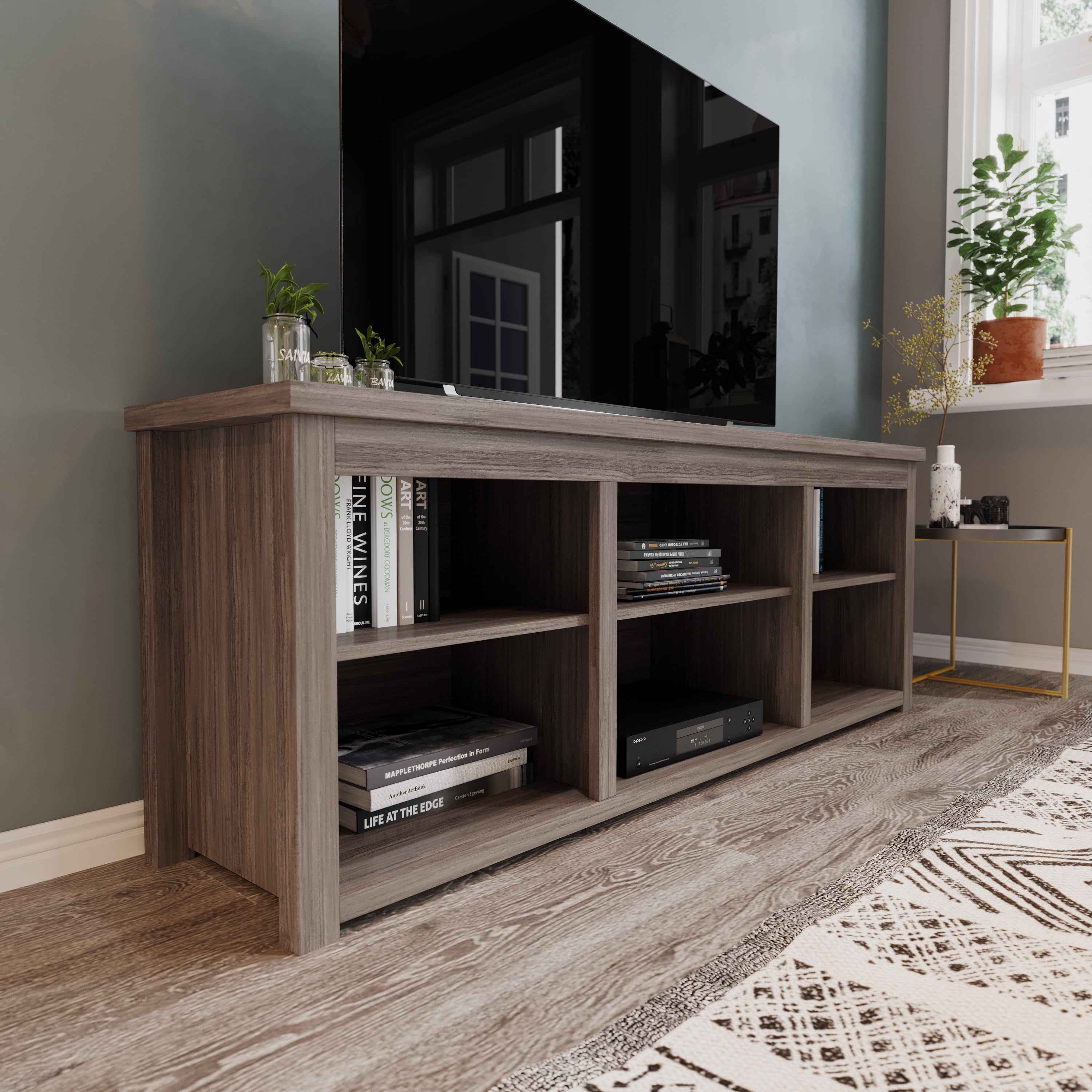 Gray Wash Oak 65" TV Stand with Open Storage