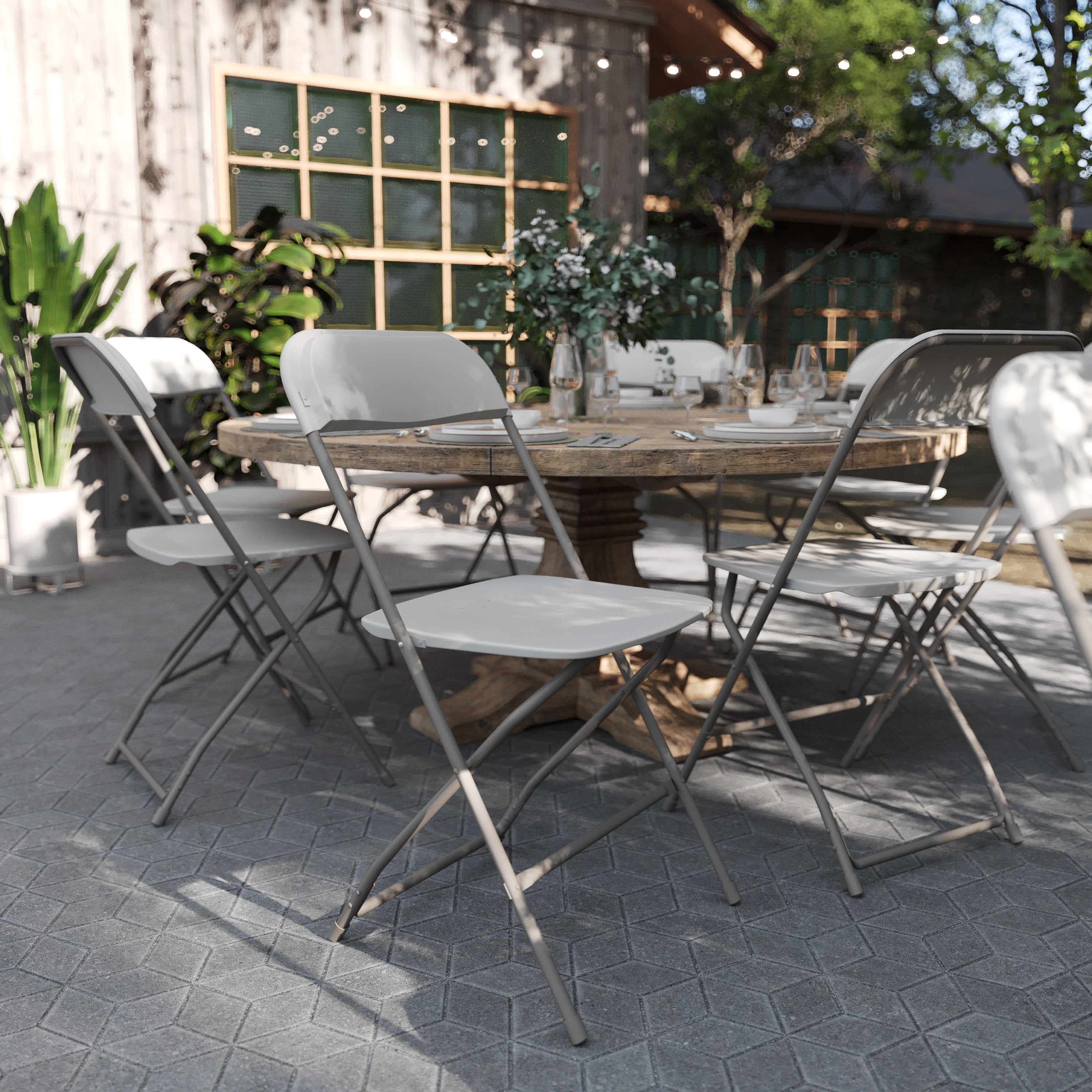 beige plastic patio chairs