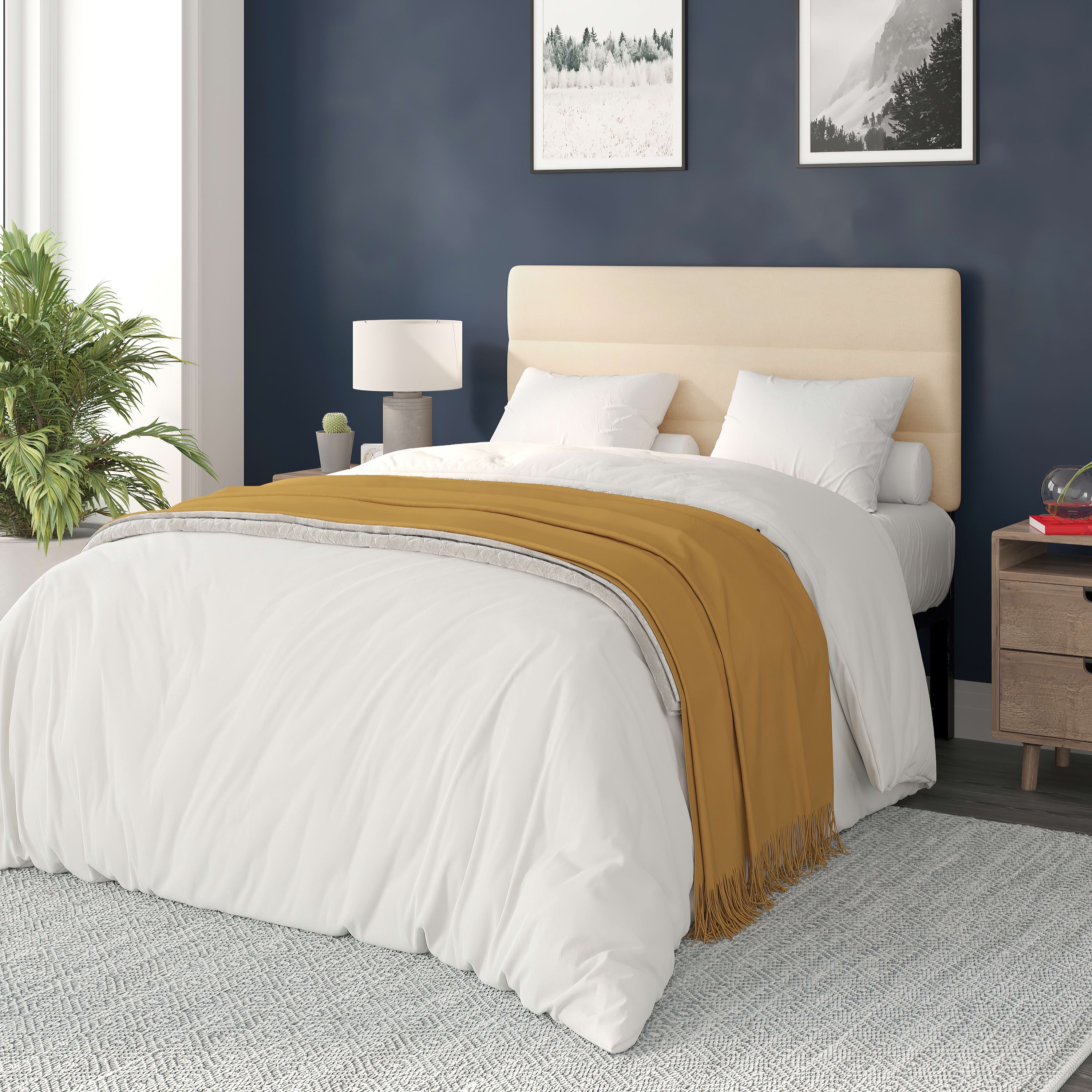 BizChair Full Channel Stitched Fabric Upholstered Headboard, Adjustable Height from 44.5" to 57.25" - Cream