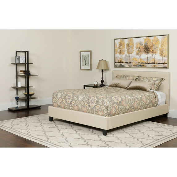 BizChair Full Size Three Button Tufted Upholstered Platform Bed in Beige Fabric with Mattress