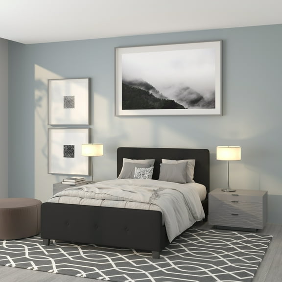 BizChair Full Size Three Button Tufted Upholstered Platform Bed in Black Fabric