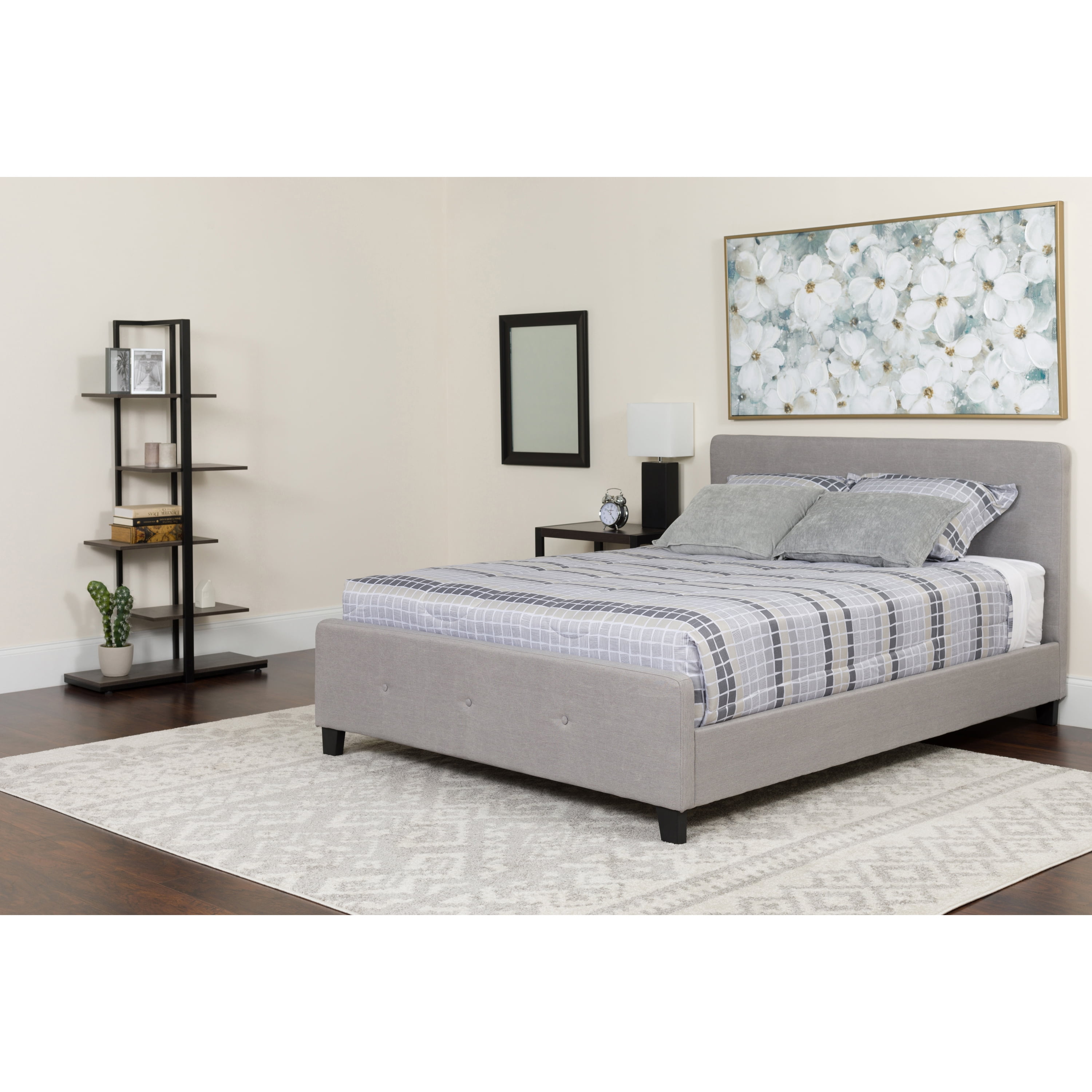Light Gray Upholstered Full Platform Bed with Tufted Headboard
