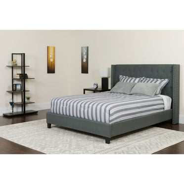 BizChair Full Size Tufted Upholstered Platform Bed with Accent Nail Trimmed Extended Sides in Dark Gray Fabric with Mattress