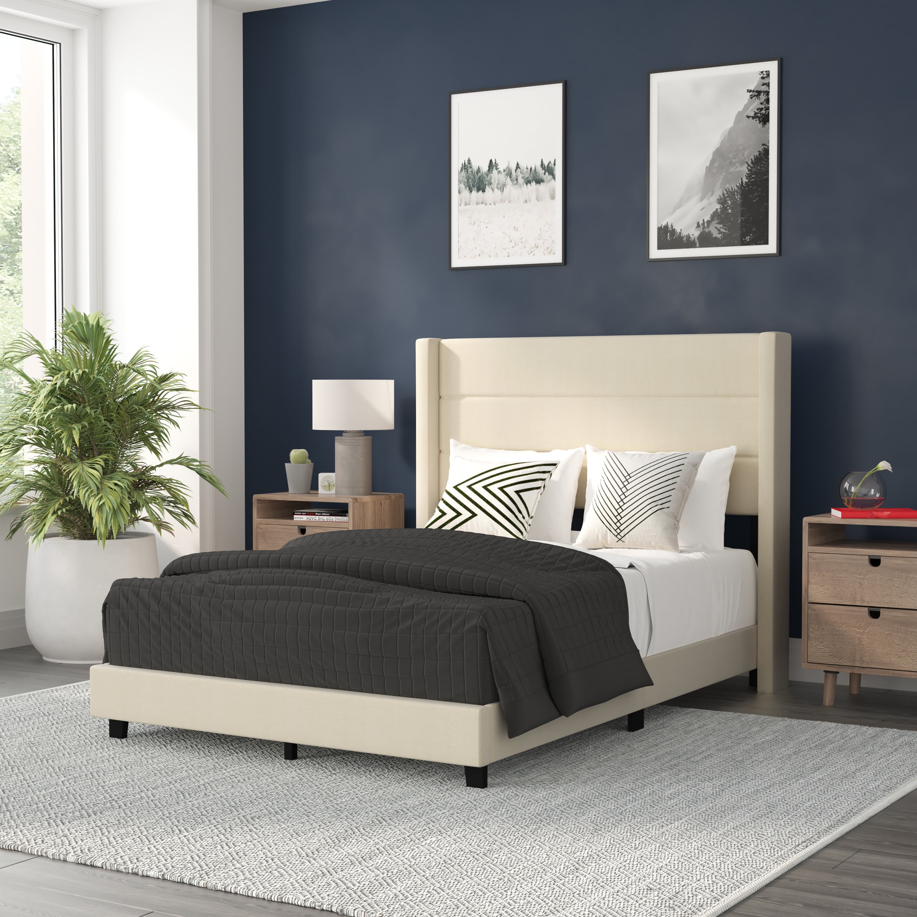 BizChair Full Upholstered Platform Bed with Wingback Headboard