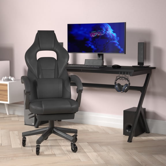 BizChair Gaming Chair Racing Computer Chair with Fully Reclining Back/Arms and Transparent Roller Wheels, Slide-Out Footrest, - Black