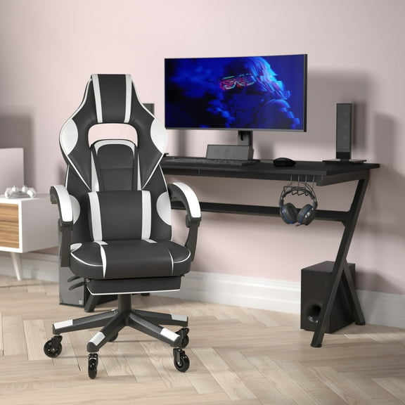 BizChair Gaming Chair Racing Computer Chair with Fully Reclining Back/Arms and Transparent Roller Wheels, Slide-Out Footrest, - White