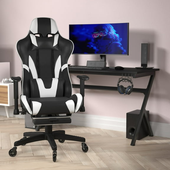 BizChair Gaming Chair Racing Computer Chair with Reclining Back, Slide-Out Footrest, and Transparent Roller Wheels in Black LeatherSoft
