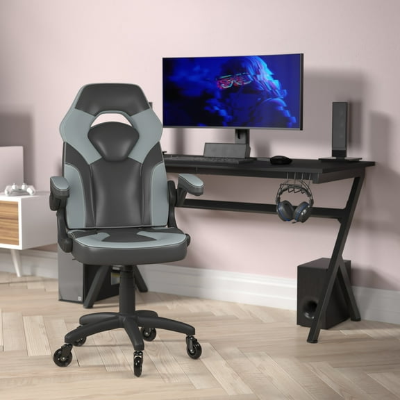 BizChair Gaming Chair Racing Office Computer PC Adjustable Chair with Flip-up Arms and Transparent Roller Wheels, Gray/Black LeatherSoft