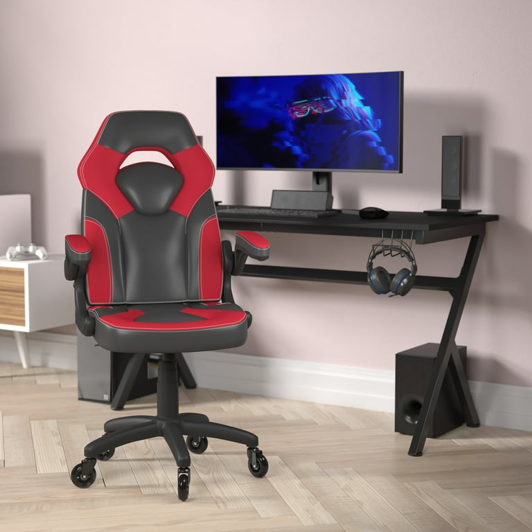 BizChair Gaming Chair Racing Office Computer PC Adjustable Chair with Flip up Arms and Transparent Roller Wheels Red Black LeatherSoft