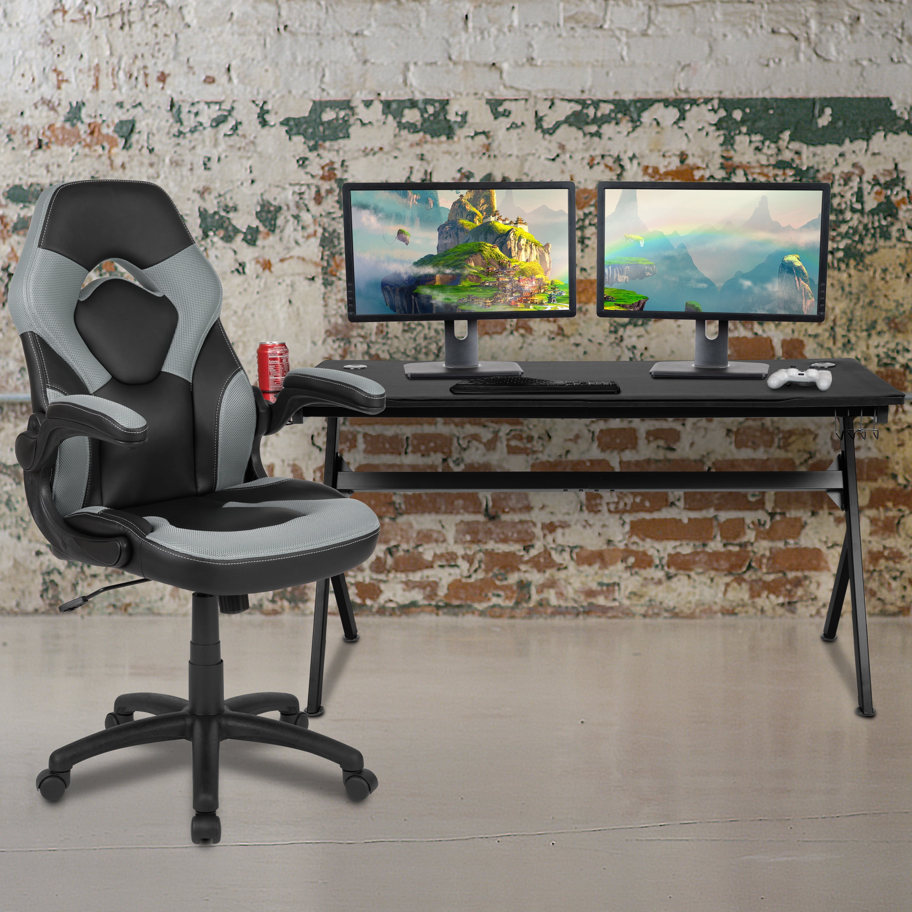 BizChair Gaming Desk and Gray/Black Racing Chair Set /Cup Holder