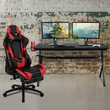BizChair Gaming Desk and Red Footrest Reclining Gaming Chair Set - Cup Holder/Headphone Hook/Removable Mouse Pad Top/Wire Management
