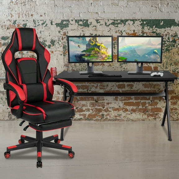 BizChair Gaming Desk with Cup Holder/Headphone Hook/Removable Mousepad Top & Red Reclining Back/Arms Gaming Chair with Footrest