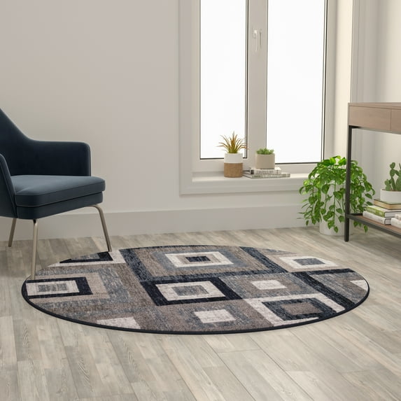 BizChair Geometric 5' x 5' Blue, Grey, and White Round Olefin Area Rug with Cotton Backing, Living Room, Bedroom