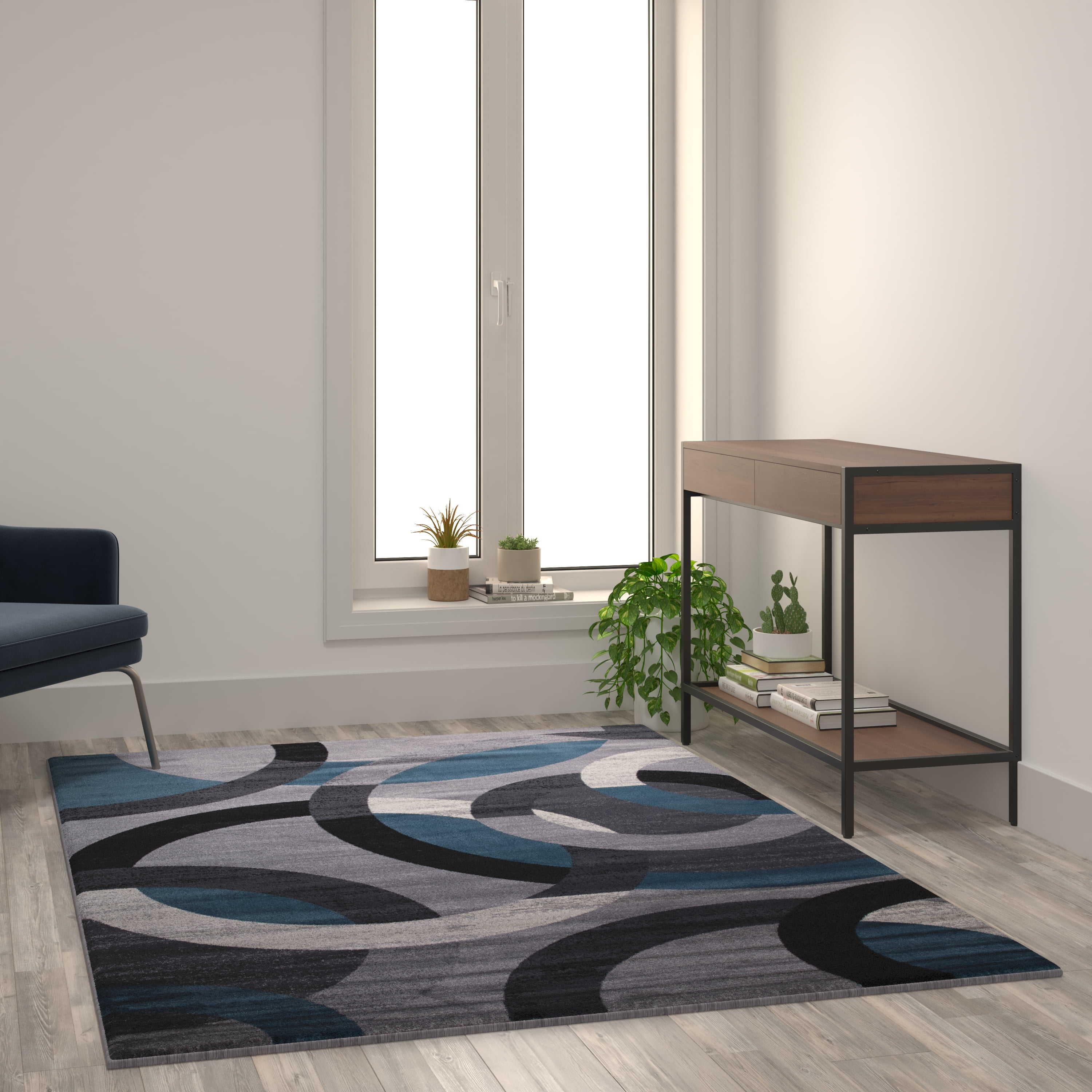 BizChair Geometric 5' x 7' Blue and Gray Olefin Area Rug with Jute