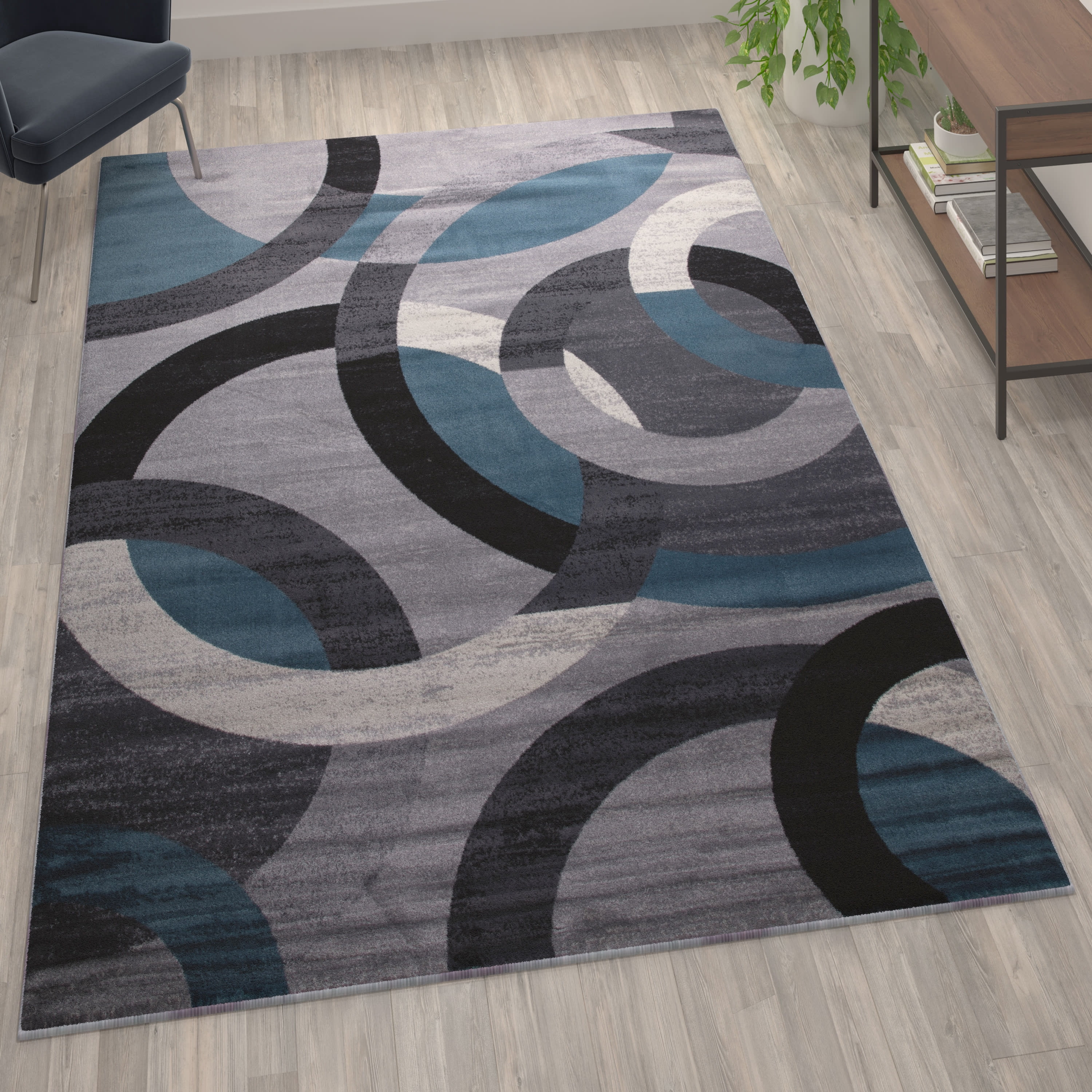 BizChair Geometric 6' x 9' Blue and Gray Olefin Area Rug with Jute ...