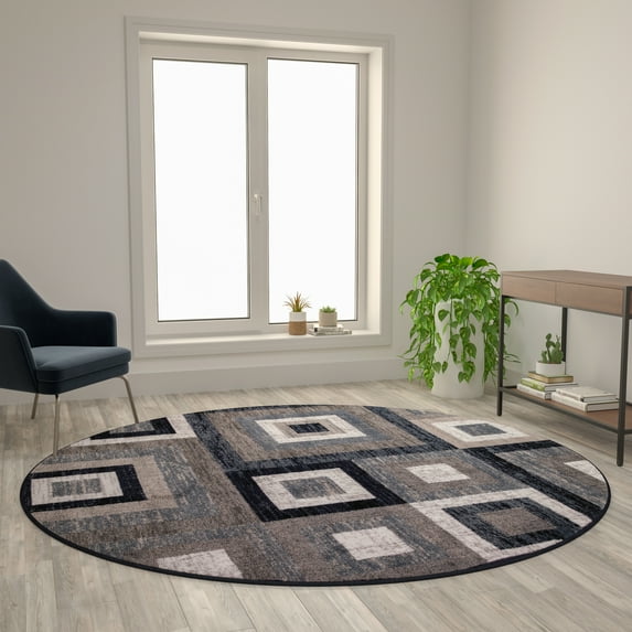 BizChair Geometric 8' x 8' Blue, Grey, and White Round Olefin Area Rug with Cotton Backing, Living Room, Bedroom