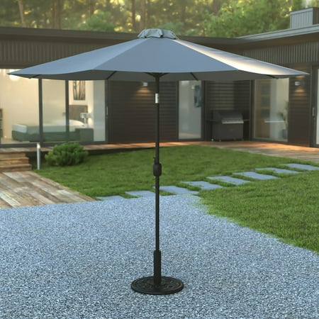 BizChair Gray 9 FT Round Umbrella with Crank and Tilt Function and Standing Umbrella Base
