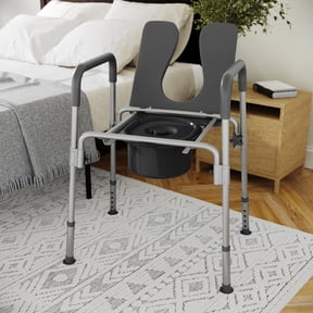 BizChair Gray Shower Commode Chair with Safety Rail, Height Adjustable Frame, Padded Seat & Armrests, Commode Pail with Lid, Fits Most Toilets