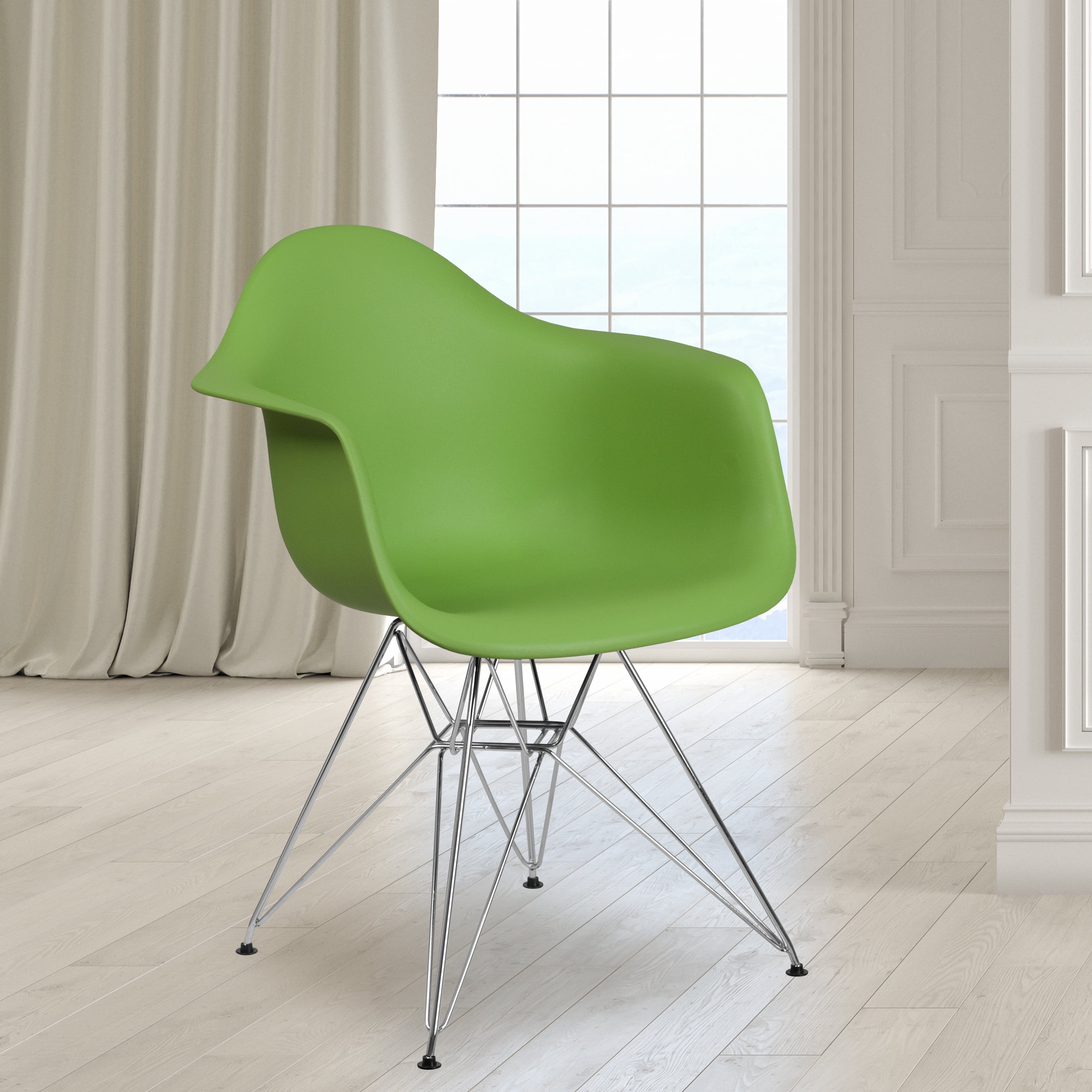 BizChair Green Plastic Chair with Arms and Chrome Base