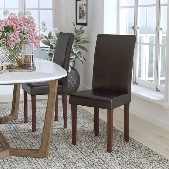 BizChair Greenwich Series Brown LeatherSoft Upholstered Panel Back Mid-Century Parsons Dining Chair