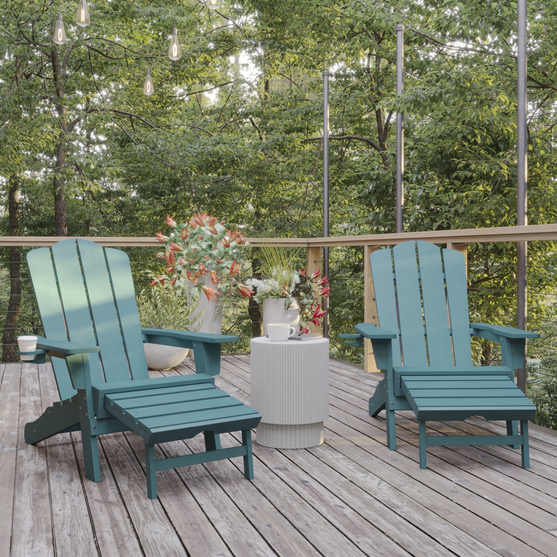 BizChair HDPE Adirondack Chair with Cup Holder and Pull Out Ottoman, All-Weather HDPE Indoor/Outdoor Lounge Chair in Blue, Set of 2