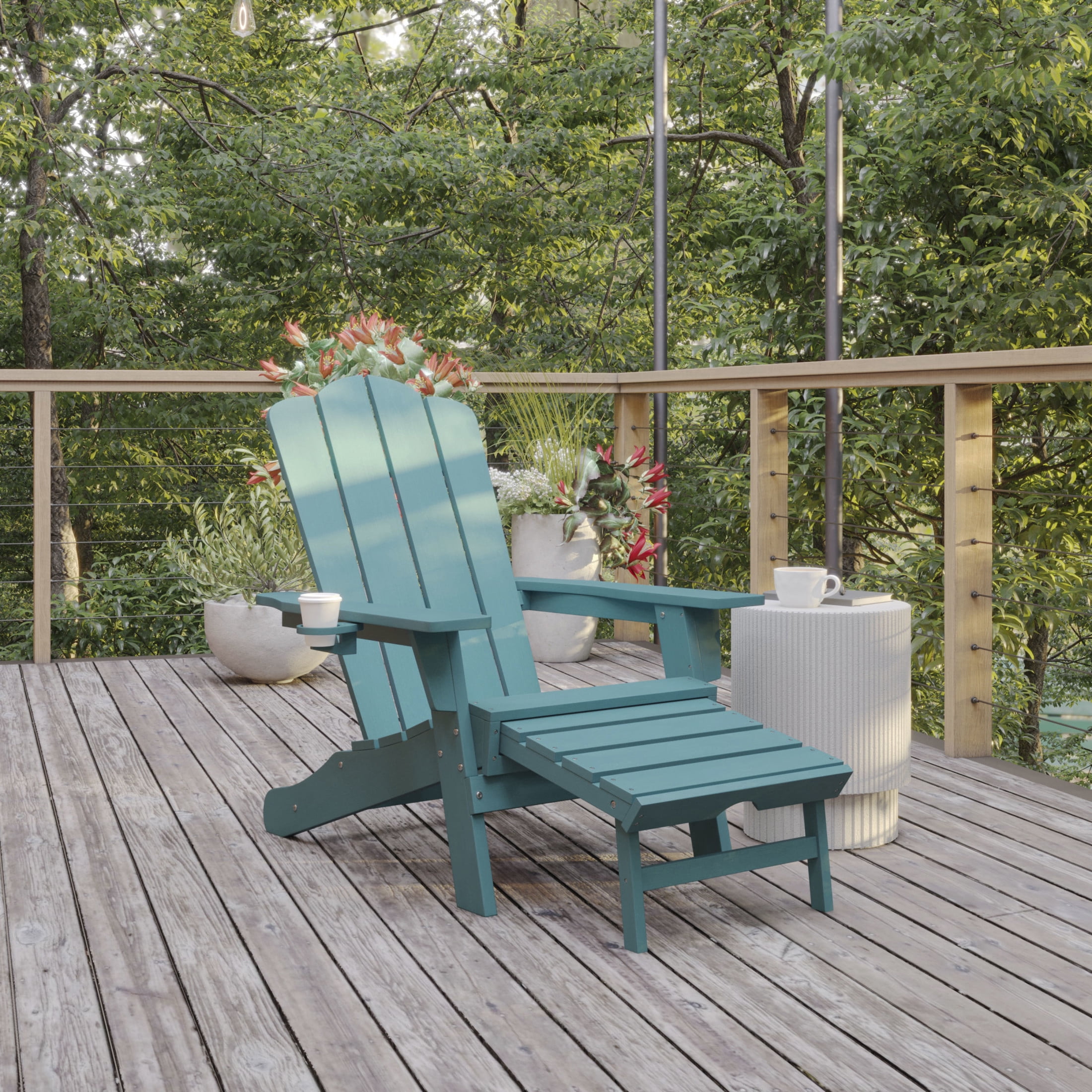 BizChair HDPE Adirondack Chair with Cup Holder and Pull Out Ottoman, All-Weather HDPE Indoor/Outdoor Lounge Chair in Blue