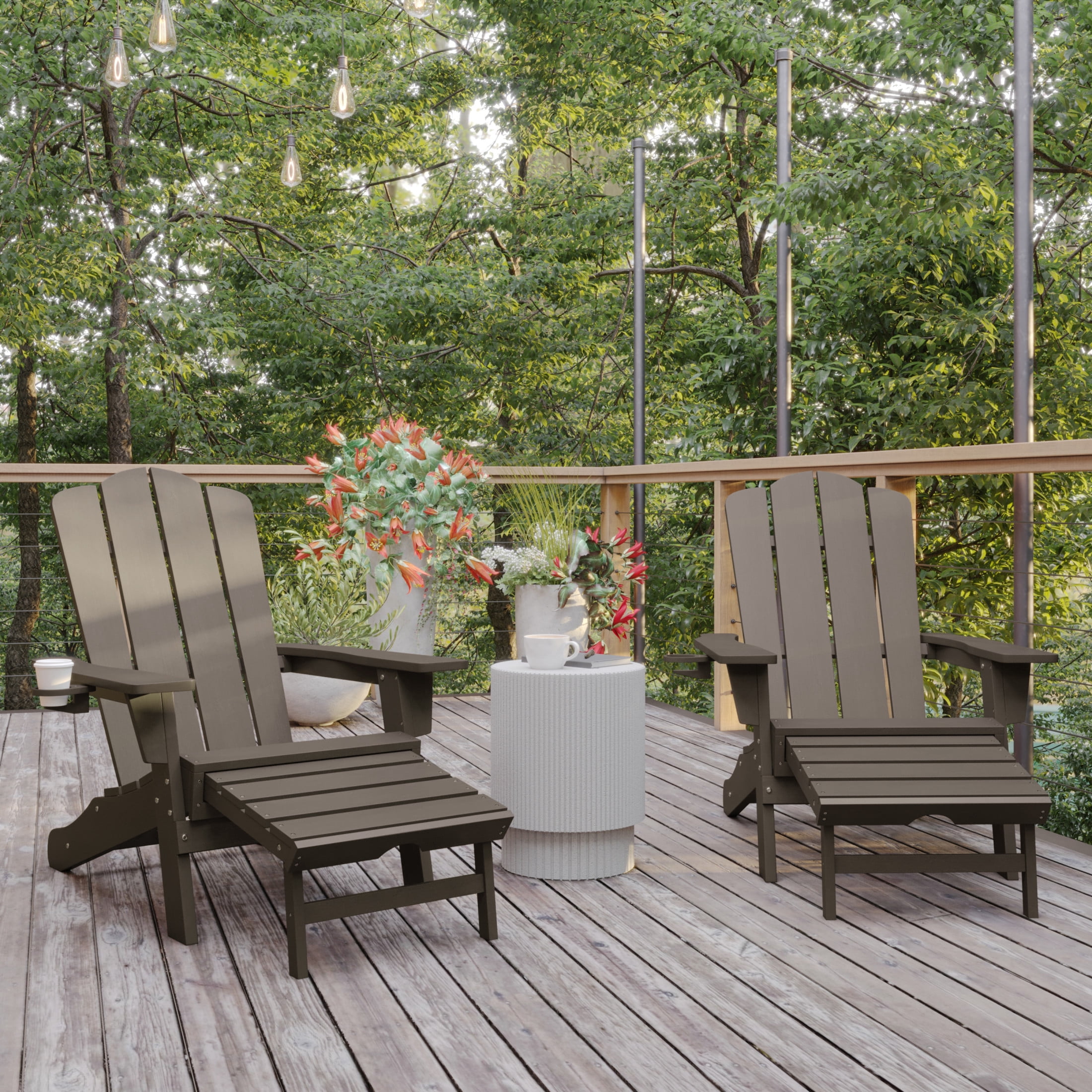 BizChair HDPE Adirondack Chair with Cup Holder and Pull Out Ottoman, All-Weather HDPE Indoor/Outdoor Lounge Chair in Brown, Set of 2