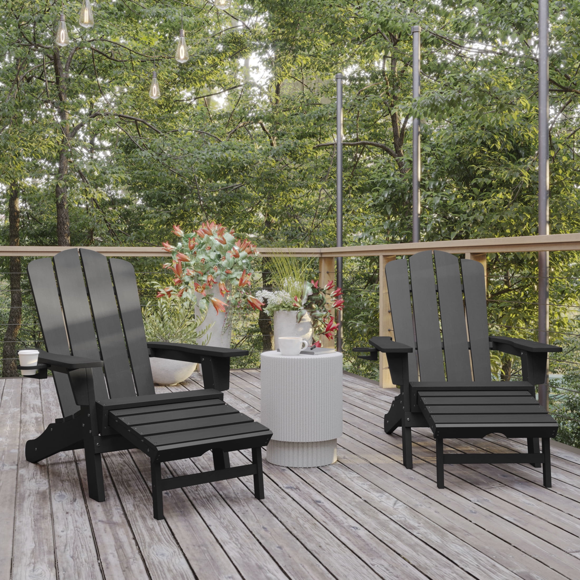 BizChair HDPE Adirondack Chair with Cup Holder and Pull Out Ottoman, All-Weather HDPE Indoor/Outdoor Lounge Chair in Gray, Set of 2