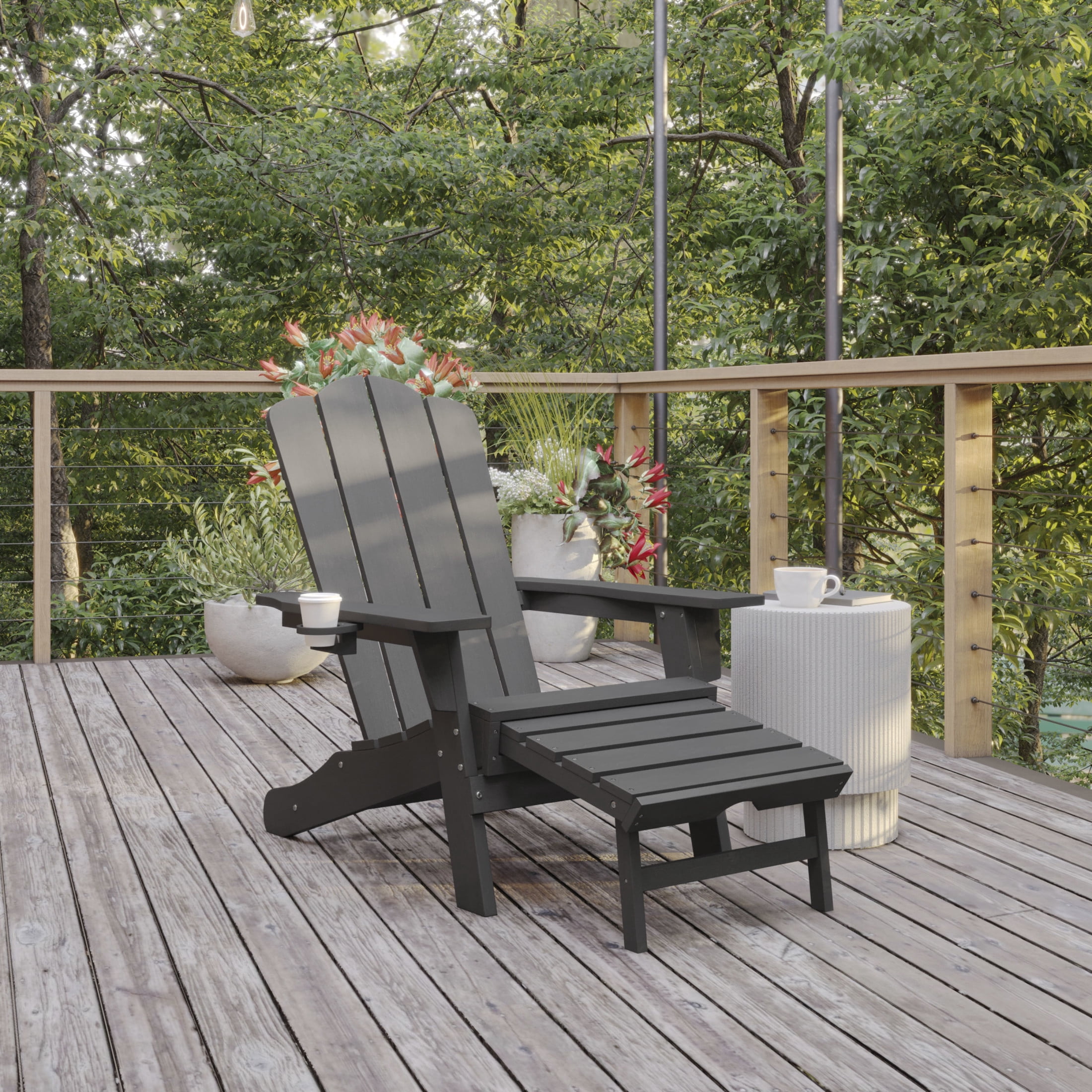 BizChair HDPE Adirondack Chair with Cup Holder and Pull Out Ottoman, All-Weather HDPE Indoor/Outdoor Lounge Chair in Gray