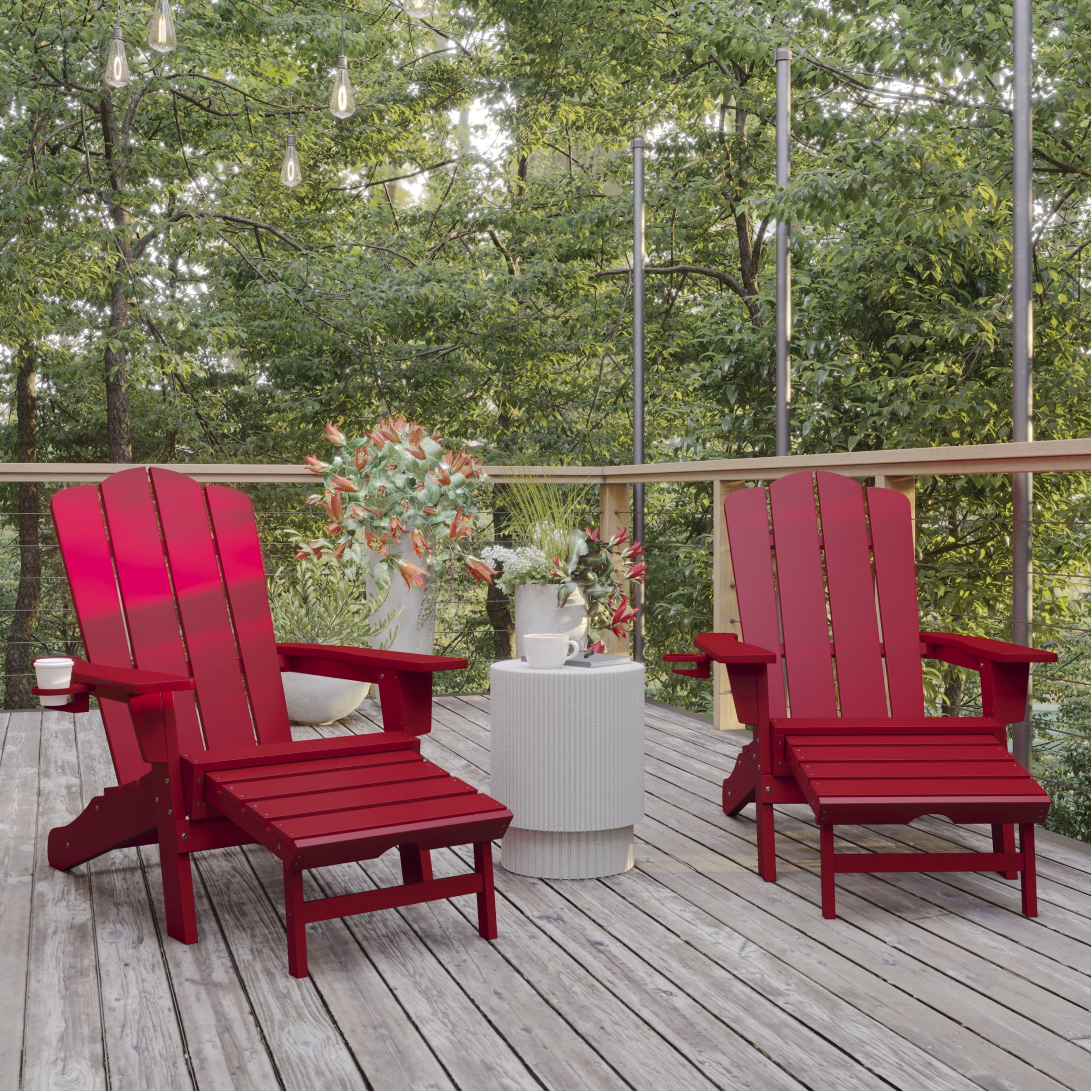 BizChair HDPE Adirondack Chair with Cup Holder and Pull Out Ottoman, All-Weather HDPE Indoor/Outdoor Lounge Chair in Red, Set of 2