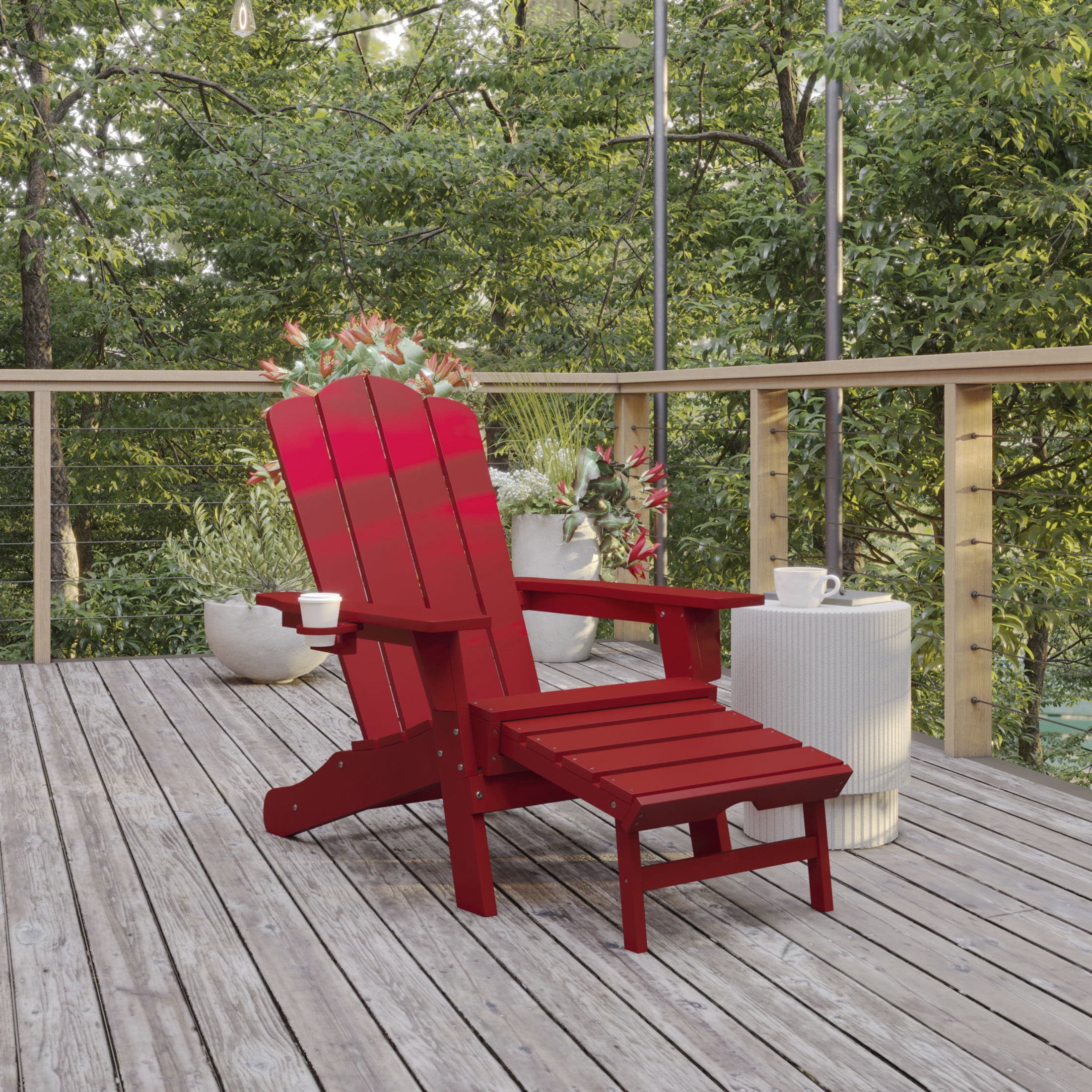 BizChair HDPE Adirondack Chair with Cup Holder and Pull Out Ottoman, All-Weather HDPE Indoor/Outdoor Lounge Chair in Red