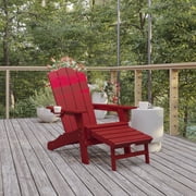BizChair HDPE Adirondack Chair with Cup Holder and Pull Out Ottoman, All-Weather HDPE Indoor/Outdoor Lounge Chair in Red