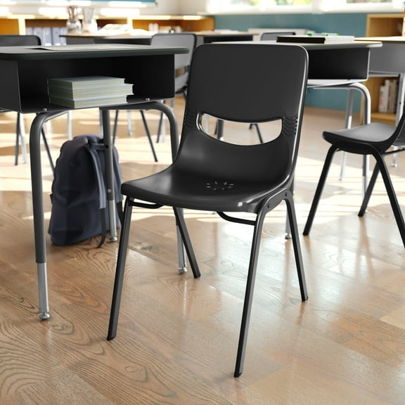 BizChair Heavy-Duty Flex Comfort Classroom Stack Chair with Powder-Coated Frame and Black Ergonomic Back and Seat
