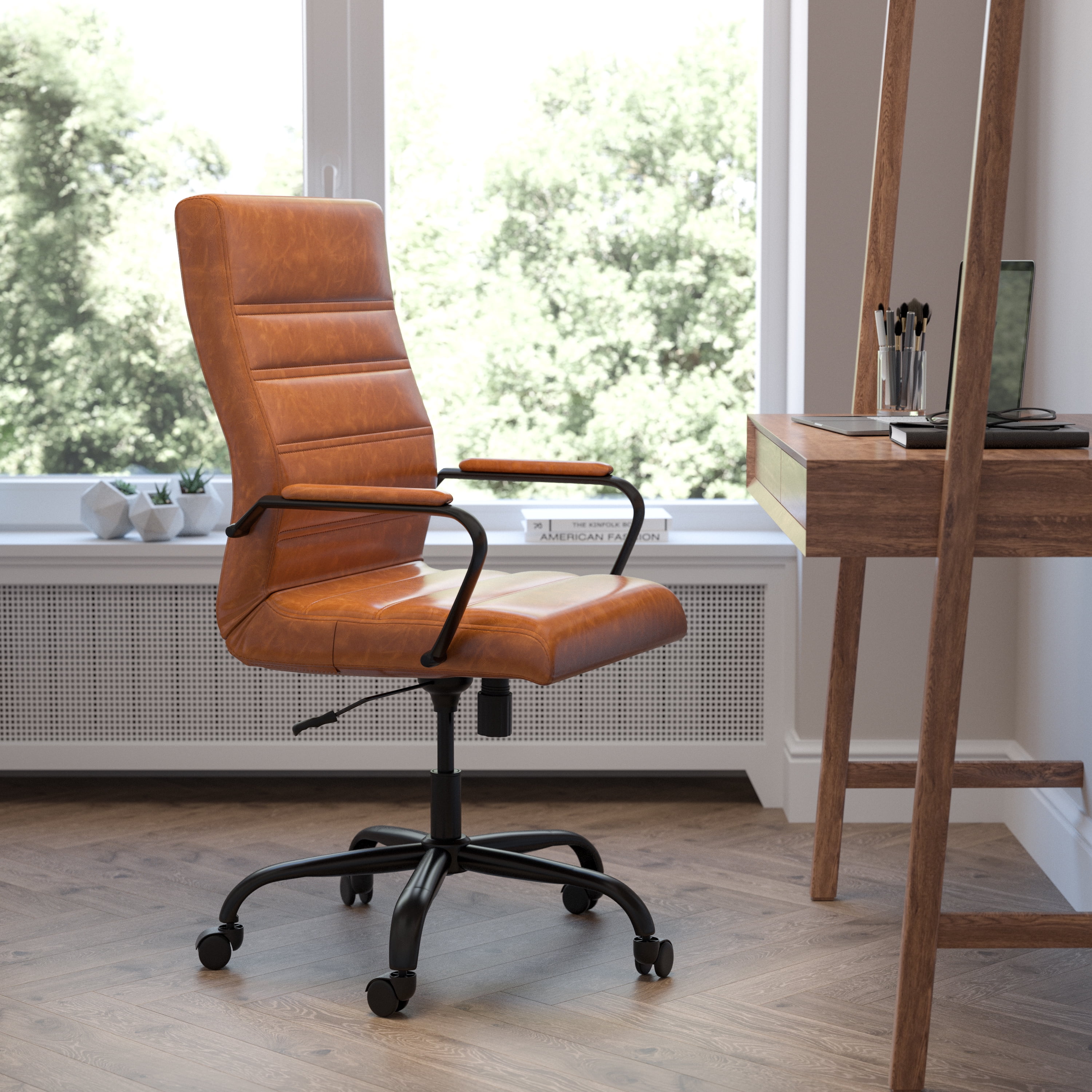 BizChair High Back Brown LeatherSoft Executive Swivel Office Chair with Black Frame and Arms