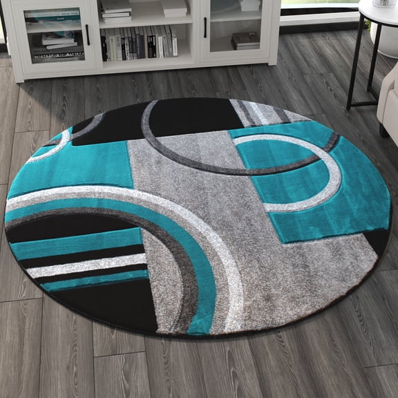 BizChair High Quality Hand Carved Round Area Rug Modern Contemporary Turquoise Gray Black (5 Feet 3 Inch X 5 Feet 3 Inch) Round