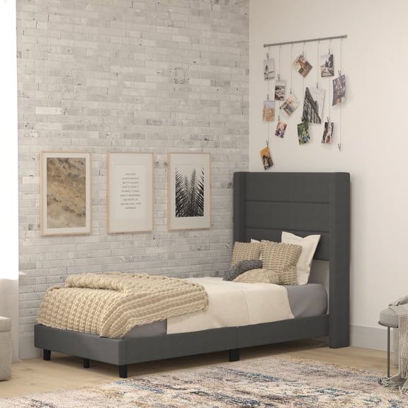 BizChair Hollis Wingback Upholstered Platform Bed, Charcoal, Twin