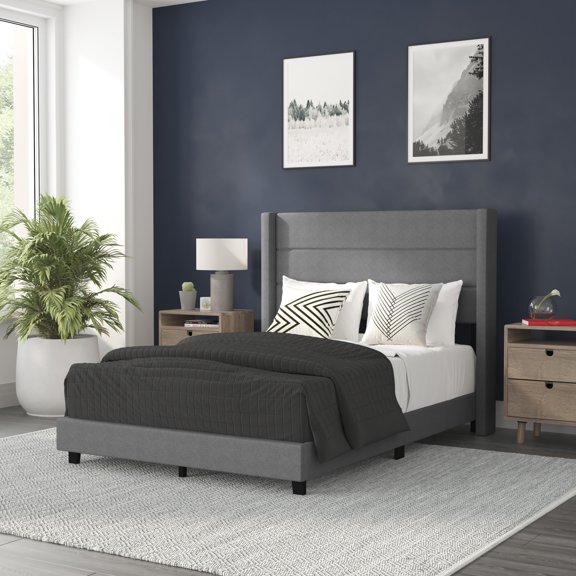 BizChair Hollis Wingback Upholstered Platform Bed, Gray, Full