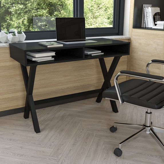 BizChair Home Office Writing Computer Desk with Open Storage Compartments - Bedroom Desk for Writing and Work, Black
