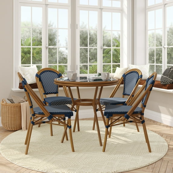 BizChair Indoor/Outdoor Commercial Bistro 31.5" Table, Navy and White PE Rattan, Glass Top with 4 Stack Chairs - Natural Frame