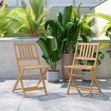 BizChair Indoor/Outdoor Folding Acacia Wood Patio Bistro Chairs with X Base Frame and Slatted Back and Seat in Natural Finish, Set of 2