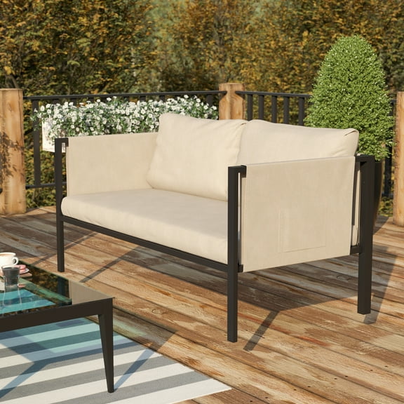 BizChair Indoor/Outdoor Loveseat with Cushions - Modern Steel Framed Chair with Storage Pockets, Black with Beige Cushions