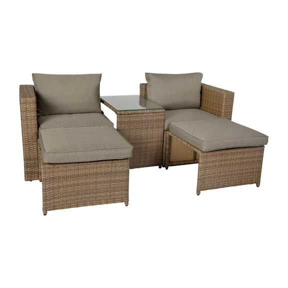 BizChair Indoor/Outdoor Modular Loveseat Sofa Set with Table and Ottomans, Gray Cushions and Natural Rattan