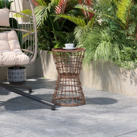 BizChair Indoor/Outdoor Natural Finish Rattan Rope Table with Acacia Wood Top, Fade and Weather Resistant
