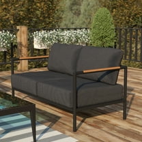 BizChair Indoor/Outdoor Patio Loveseat with Cushions - Modern Aluminum Framed Loveseat with Teak Accent Arms, Black with Charcoal Cushions