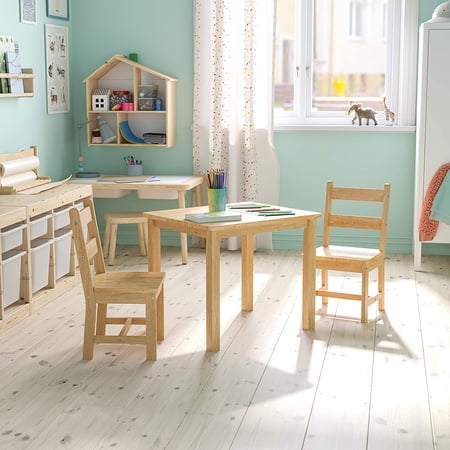 BizChair Kids 3 Piece Multi-Use Solid Hardwood Table and Chair Set, Natural