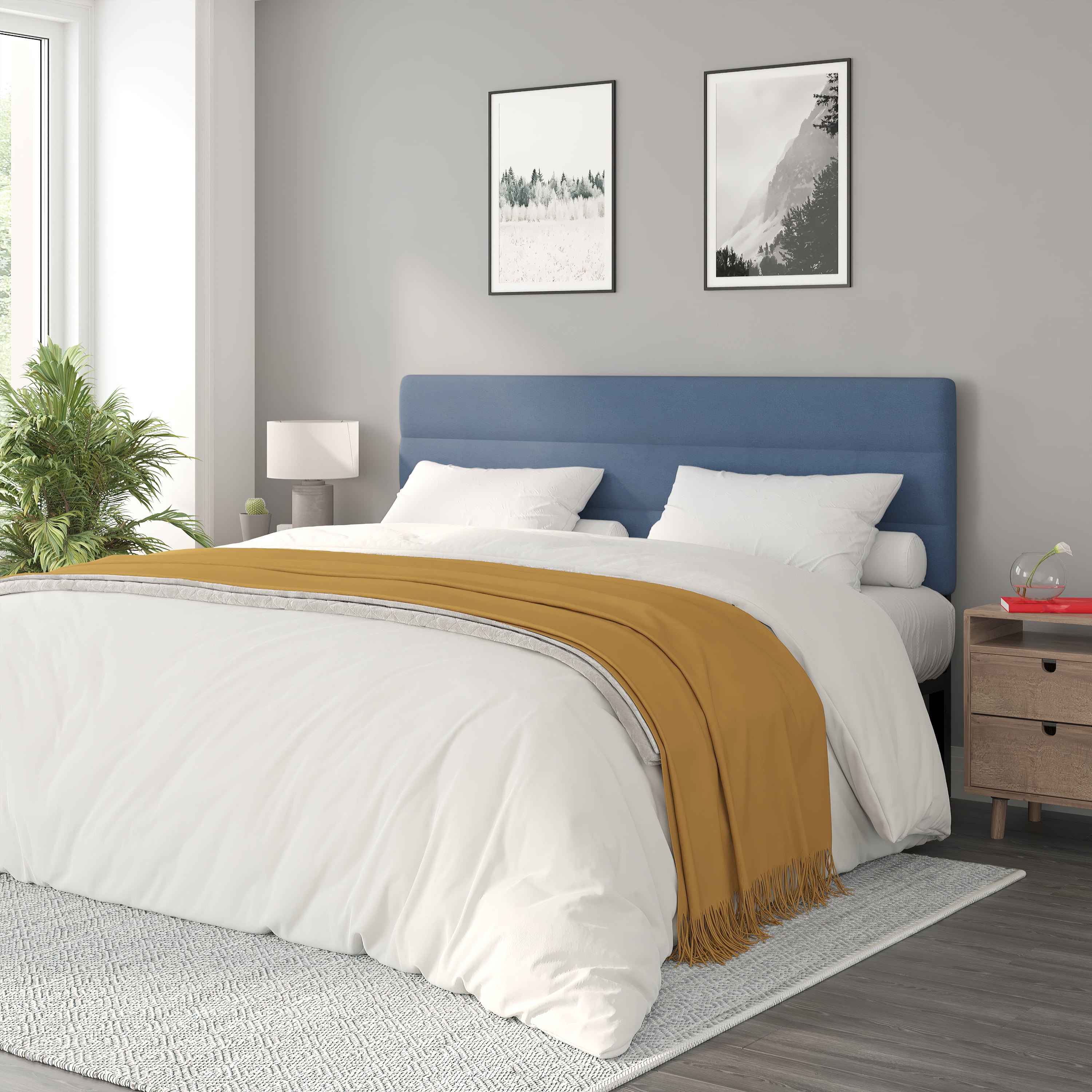 BizChair King Channel Stitched Fabric Upholstered Headboard, Adjustable Height from 44.5" to 57.25" - Blue